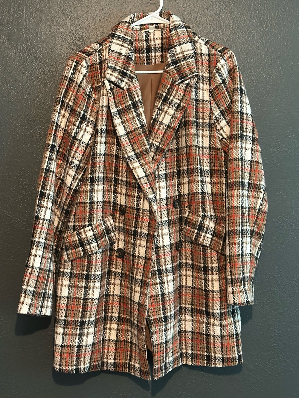 Mystree Plaid Pea Coat in Cream, Brown & Black
